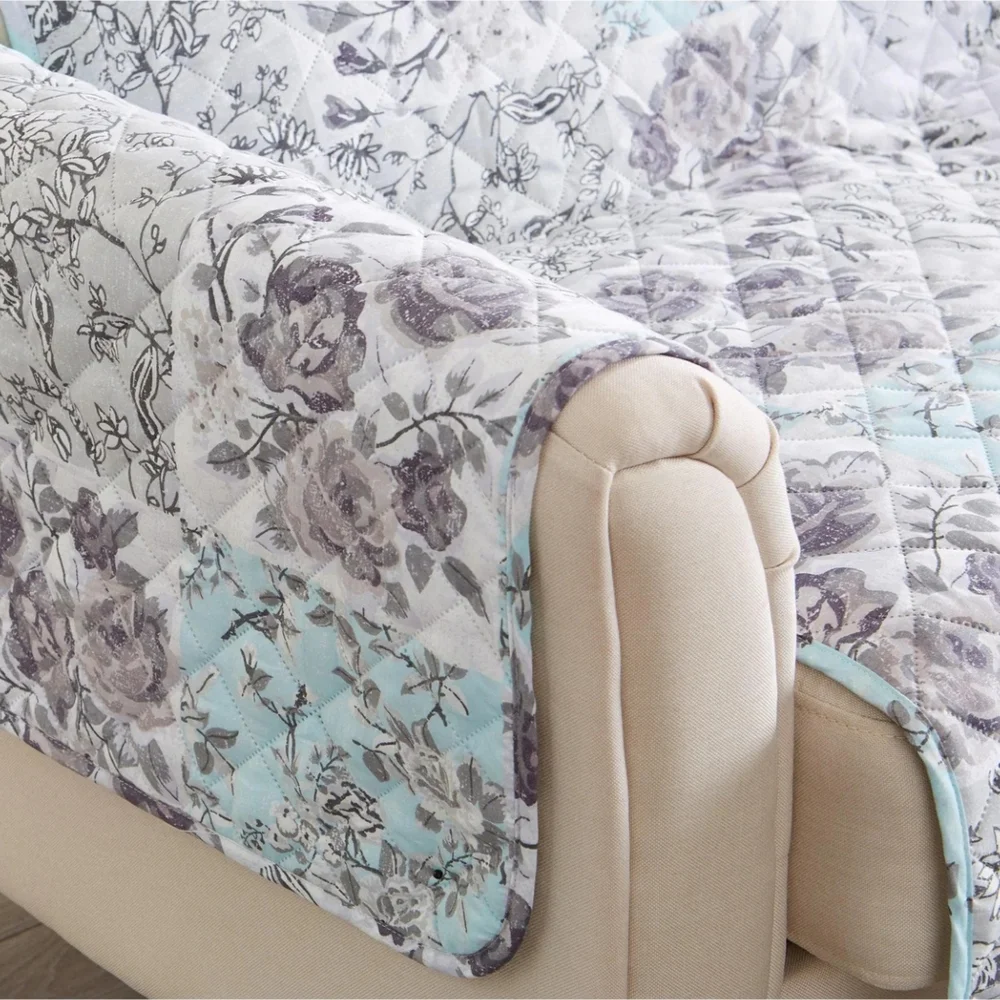 Maribel Collection NWT Reversible Floral Quilt Furniture Protector In Grey/Blue